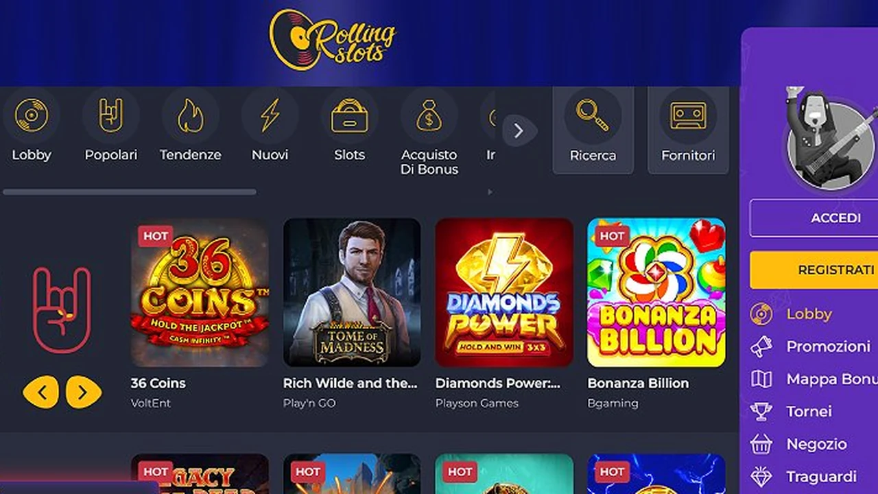 Screenshot del sito Rolling Slots